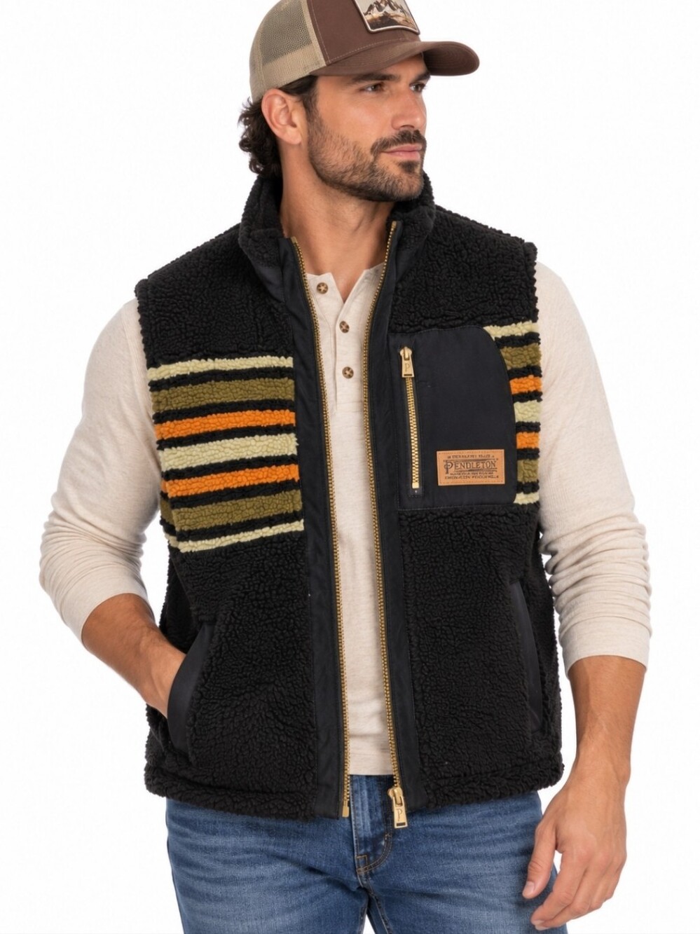 Pendleton Black Sherpa Vest with Olive and Orange Stripe Detail - Men